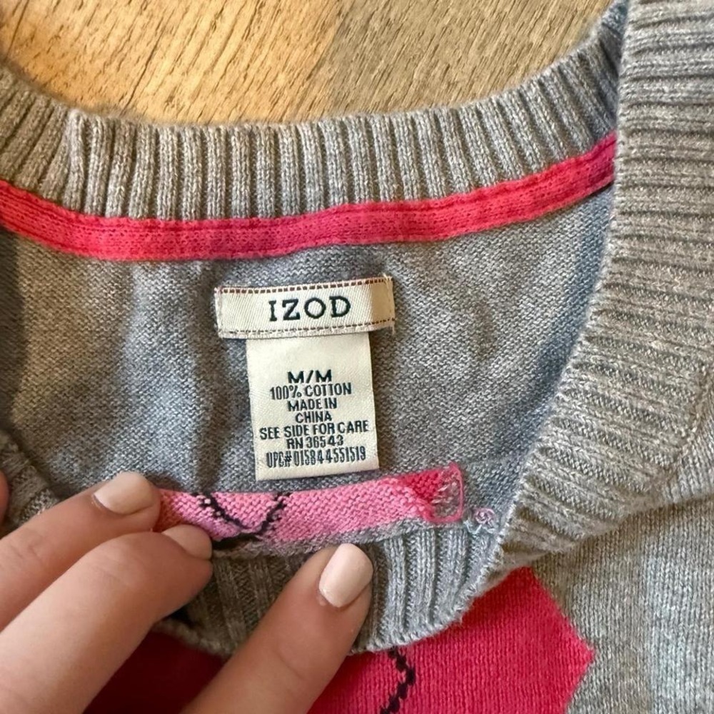 IZOD Womens Gray Pink Argyle Knit Short Sleeve Sweater M - Picture 4 of 5